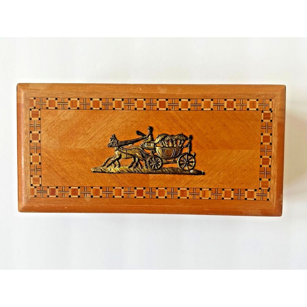 Vintage Wooden Storage Hinged Box Metal Horse Carriage Trinket or Jewelry Box